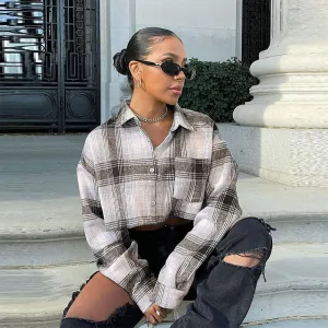 -Fall Outfits -Fall Outfits Long Sleeve Top  Plaid Blouses Street Fashion Crop Tops Women  Fall Winter Sexy Casual Clothes Long Sleeve Button Up Shirt