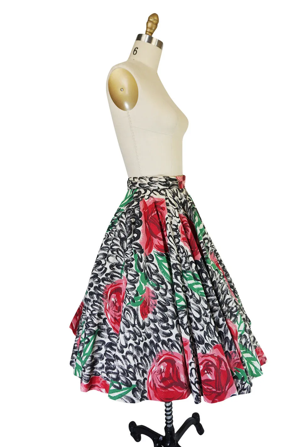 1950s Hand Painted Brilliant Rose Cotton Spiegel Skirt