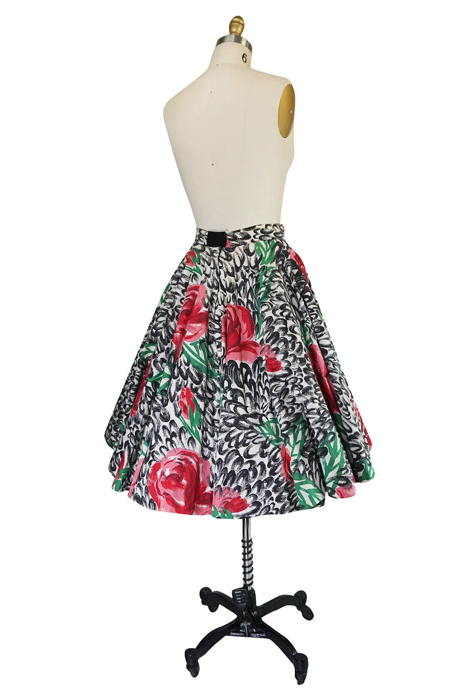 1950s Hand Painted Brilliant Rose Cotton Spiegel Skirt