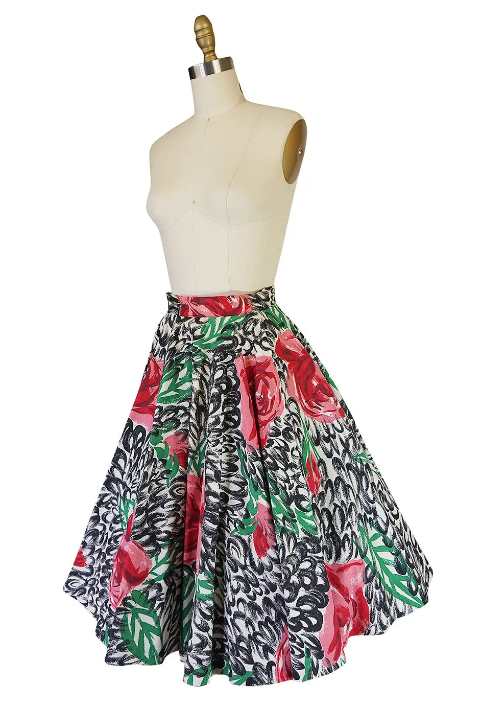 1950s Hand Painted Brilliant Rose Cotton Spiegel Skirt