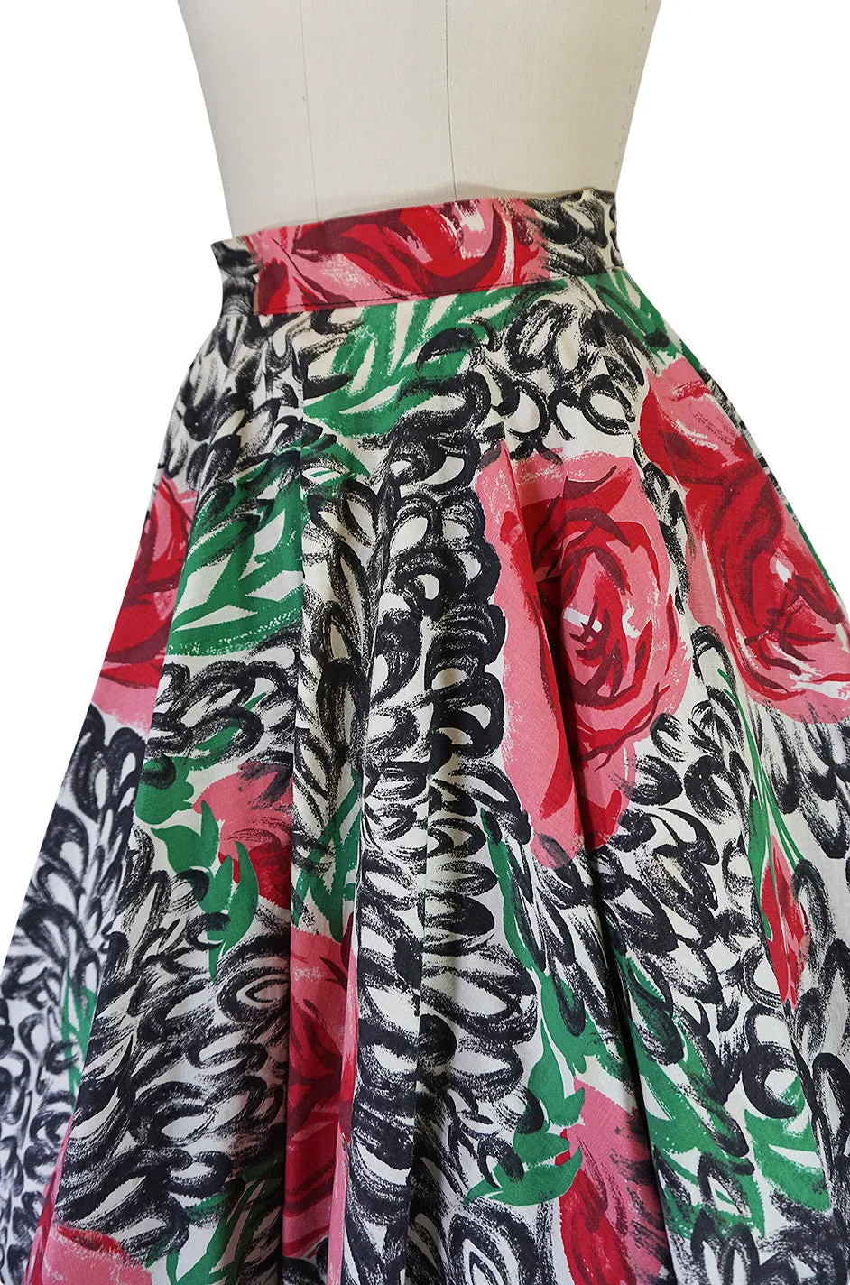 1950s Hand Painted Brilliant Rose Cotton Spiegel Skirt