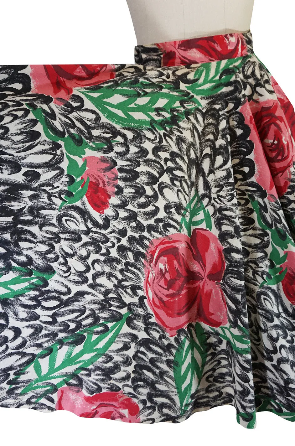 1950s Hand Painted Brilliant Rose Cotton Spiegel Skirt