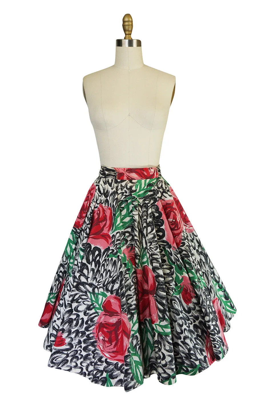 1950s Hand Painted Brilliant Rose Cotton Spiegel Skirt