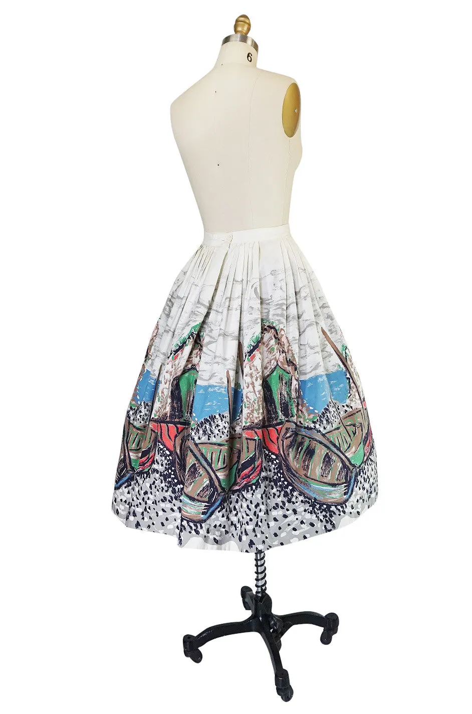 1950s Hand Painted Fishing Village Scene Cotton Skirt