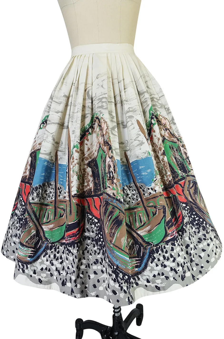 1950s Hand Painted Fishing Village Scene Cotton Skirt