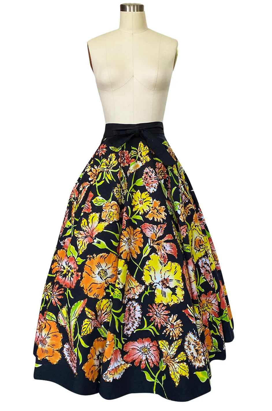 1960s Hand Painted Sequin Bright Floral Print Cotton Mexican Skirt