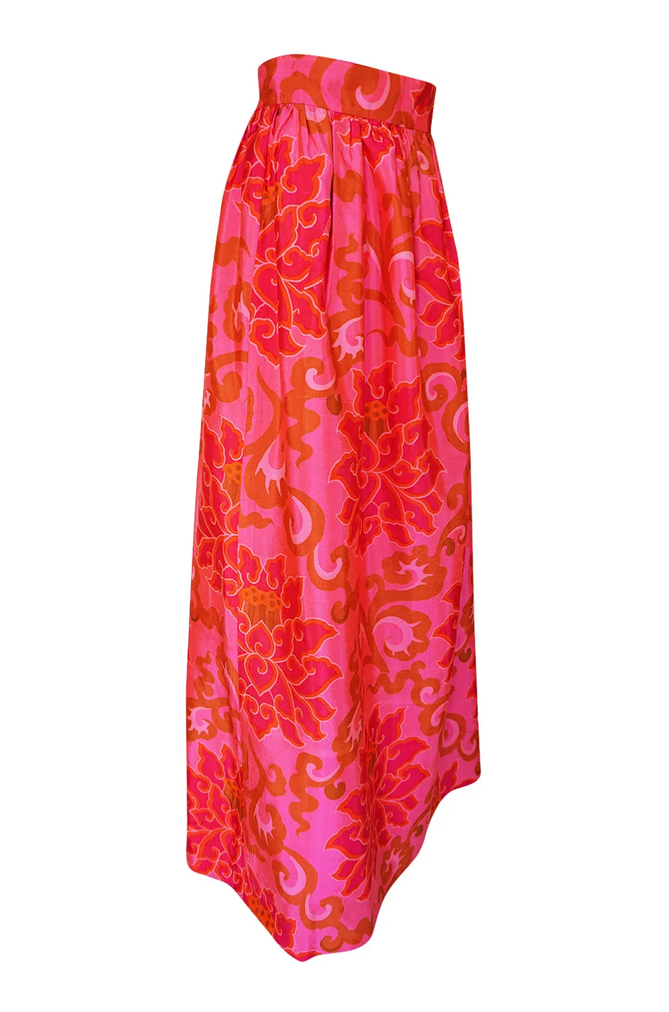 1960s Unlabeled Pink Printed Full Length Thai Silk Skirt