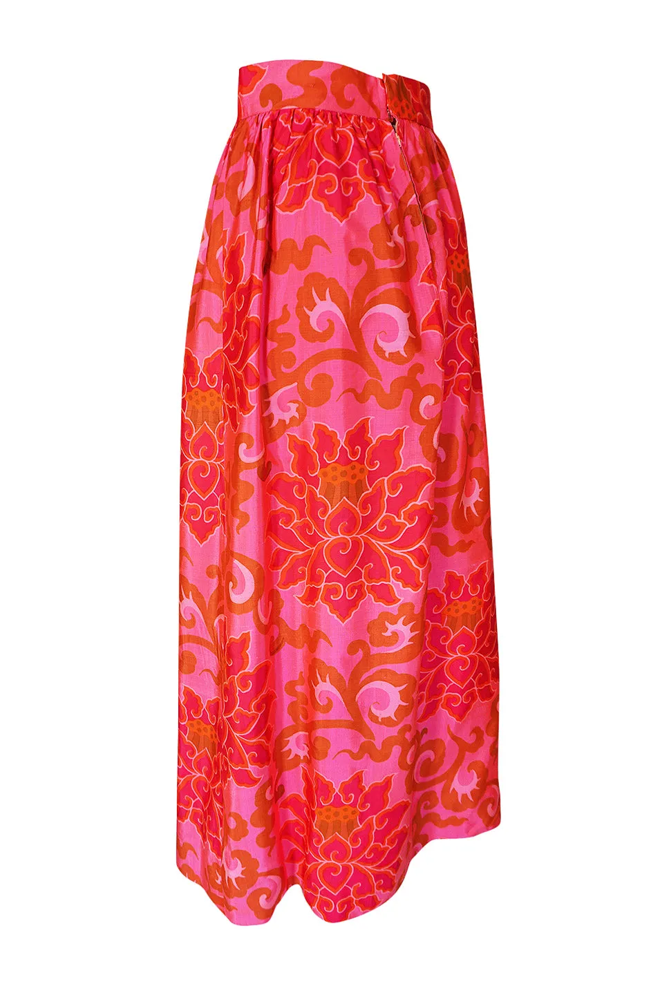 1960s Unlabeled Pink Printed Full Length Thai Silk Skirt