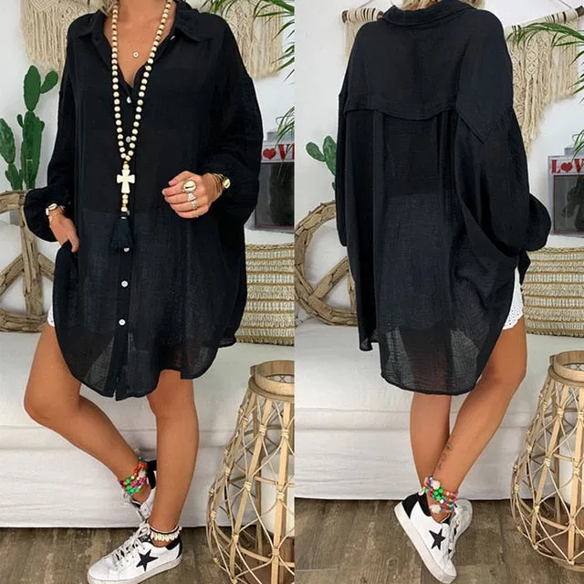 5XL Plus Size Tops Cotton Linen Shirt Women Long Sleeve White Tunic Cardigan Casual Loose Button Turn Down Collar Blouses Shirts