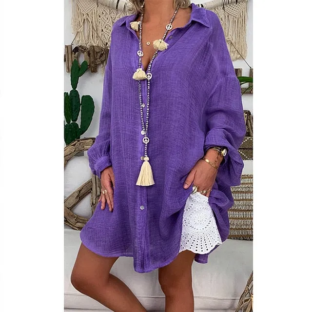 5XL Plus Size Tops Cotton Linen Shirt Women Long Sleeve White Tunic Cardigan Casual Loose Button Turn Down Collar Blouses Shirts