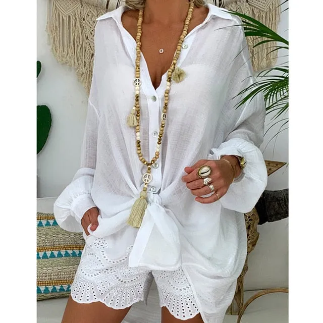5XL Plus Size Tops Cotton Linen Shirt Women Long Sleeve White Tunic Cardigan Casual Loose Button Turn Down Collar Blouses Shirts