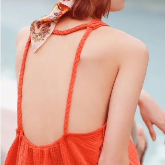 Anthropologie Braided Halter Mini Dress Orange Large