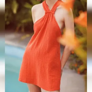 Anthropologie Braided Halter Mini Dress Orange Large