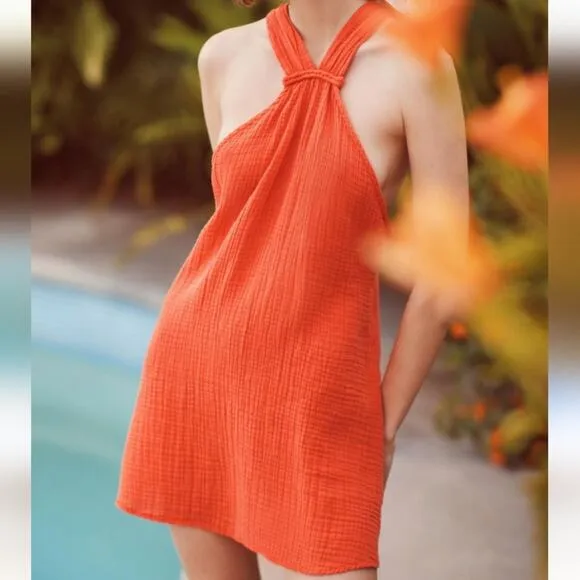 Anthropologie Braided Halter Mini Dress Orange Large