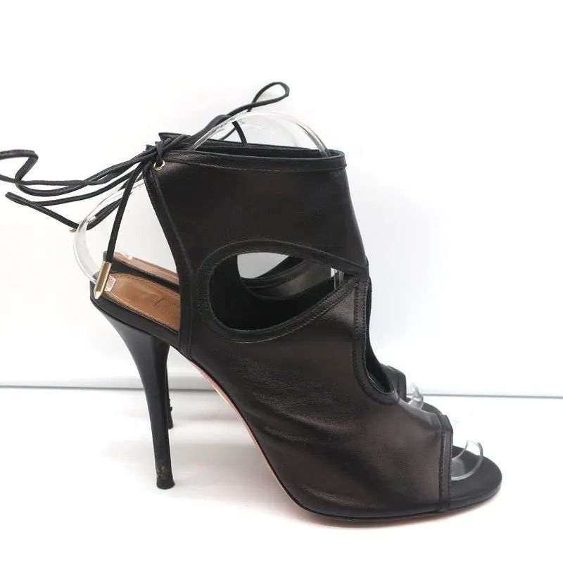 Aquazzura Sexy Thing Cutout Booties Black Leather Size 38 Open Toe Heels