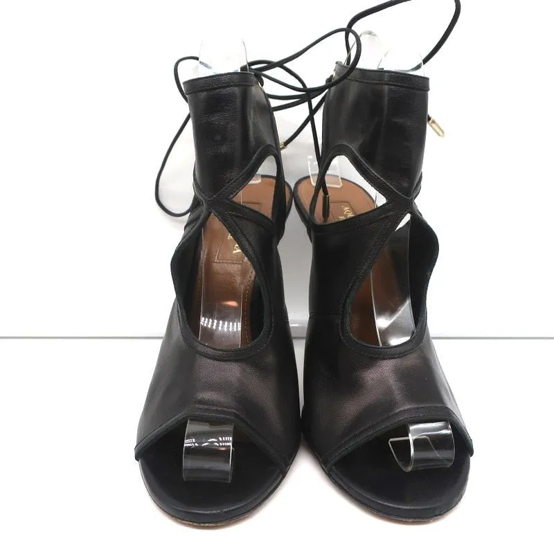 Aquazzura Sexy Thing Cutout Booties Black Leather Size 38 Open Toe Heels