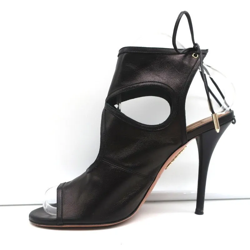 Aquazzura Sexy Thing Cutout Booties Black Leather Size 38 Open Toe Heels