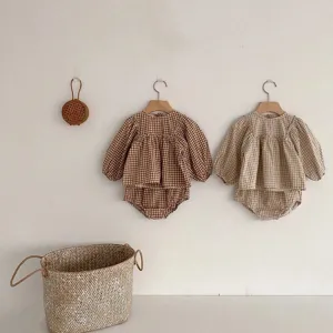 Baby Girl Plaid Pattern Loose Blouses with Shorts Headband 3