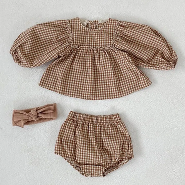 Baby Girl Plaid Pattern Loose Blouses with Shorts Headband 3