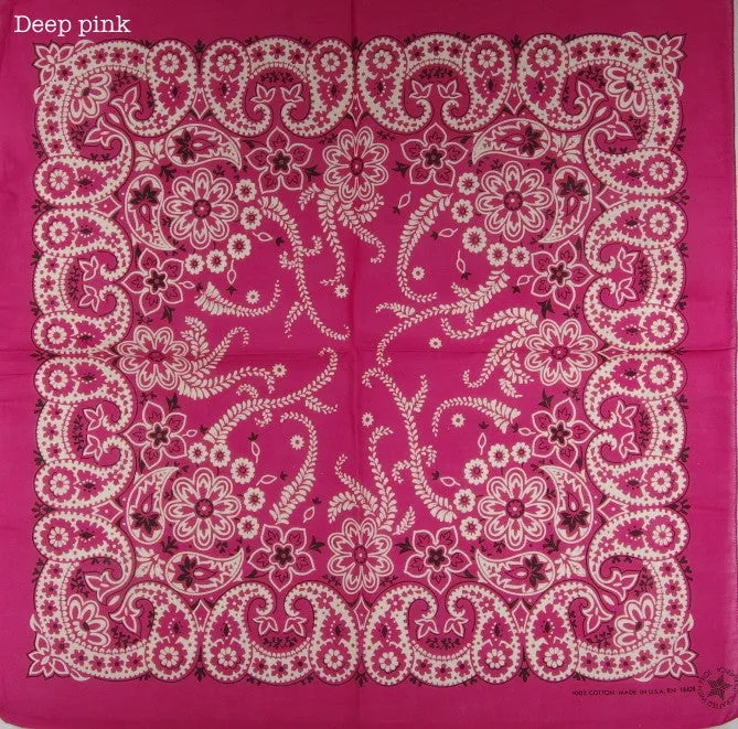 Bandana 54 cm square. Assorted colours. Made in the USA, 100% Cotton