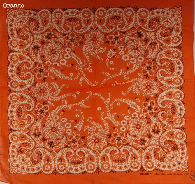 Bandana 54 cm square. Assorted colours. Made in the USA, 100% Cotton