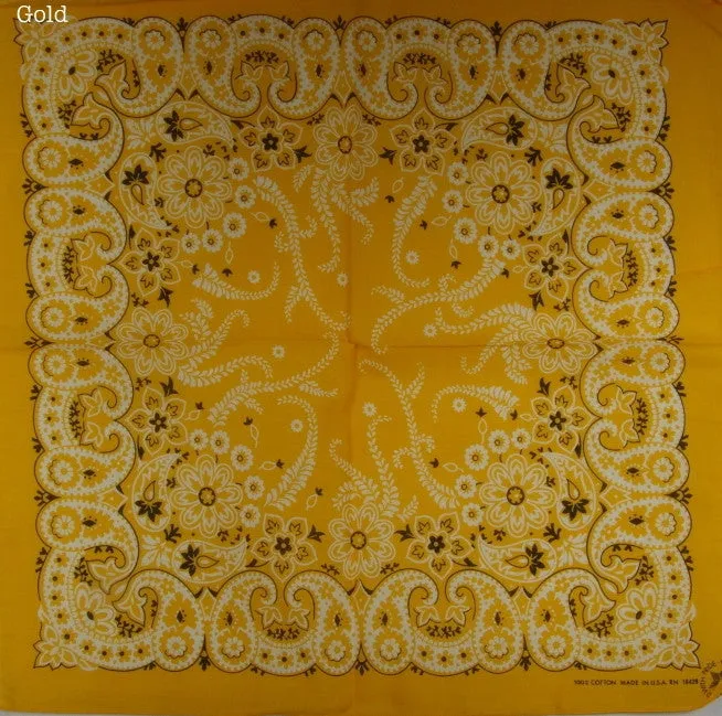 Bandana 54 cm square. Assorted colours. Made in the USA, 100% Cotton