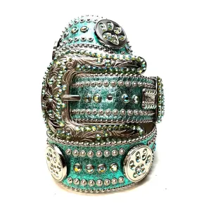 b.b. Simon Metallic Teal Paw Leather Crystal Belt