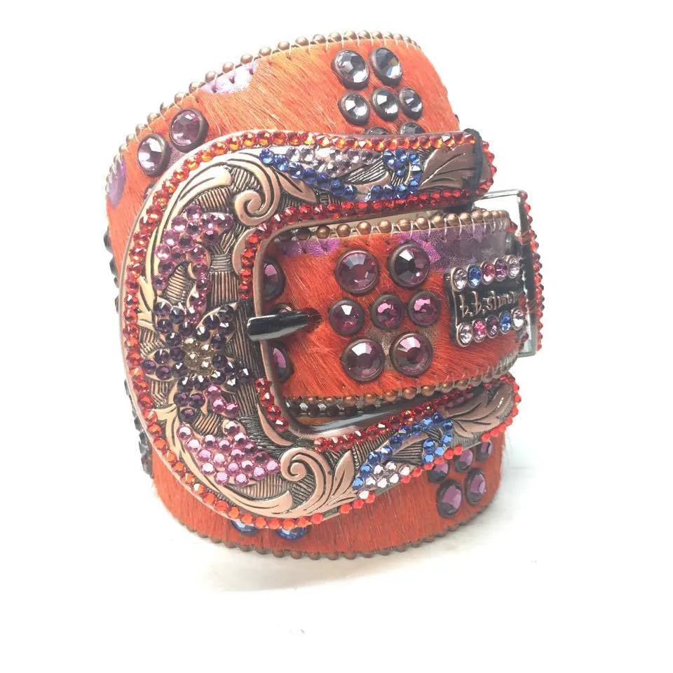 b.b. Simon Orange Multicolored Pony Hair Crystal Belt