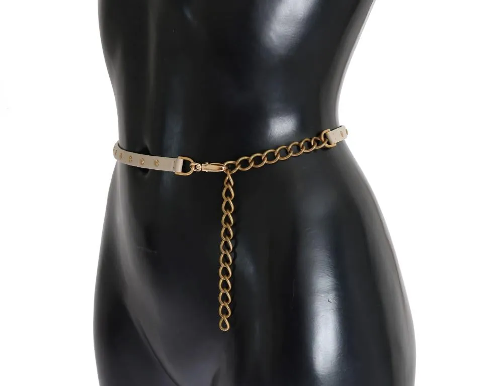 Beige Leather Gold Chain Studded Belt