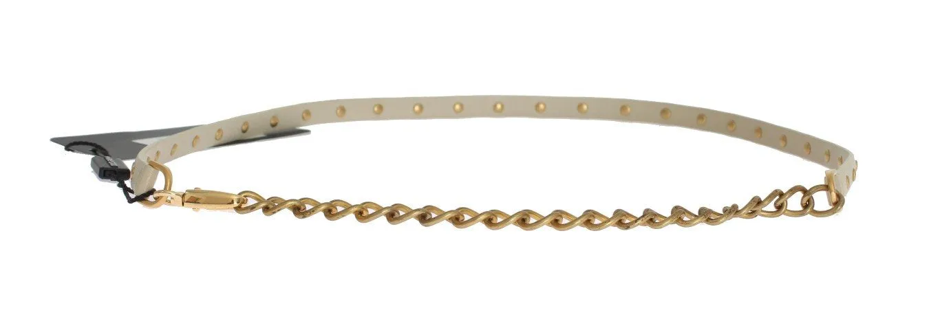 Beige Leather Gold Chain Studded Belt