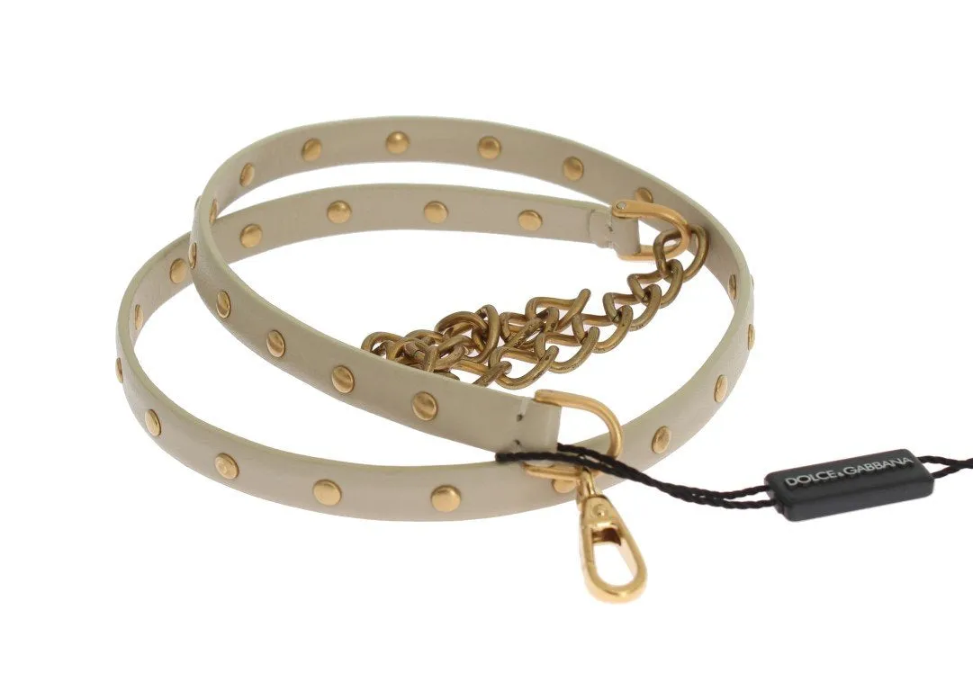 Beige Leather Gold Chain Studded Belt