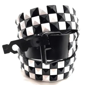 Black and White Checkered Pyramid Studded Leather Belt Punk