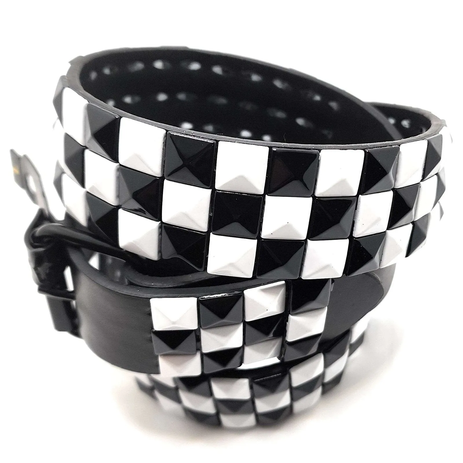 Black and White Checkered Pyramid Studded Leather Belt Punk