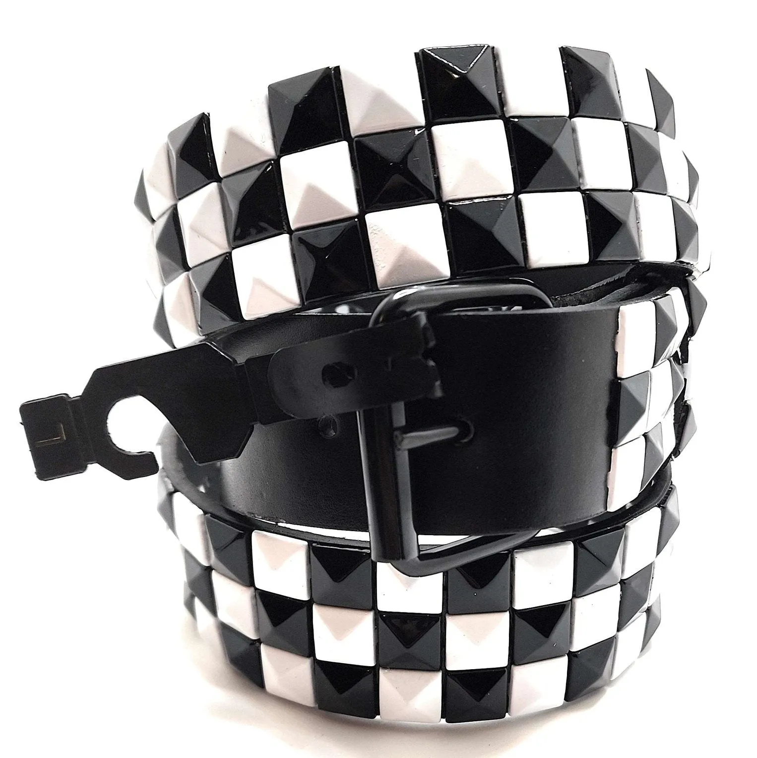 Black and White Checkered Pyramid Studded Leather Belt Punk