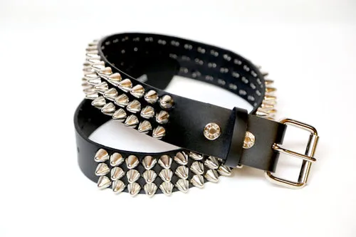 Black leather belt w/ 3 rows of silver british cone studs
