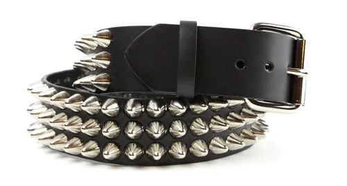 Black leather belt w/ 3 rows of silver british cone studs