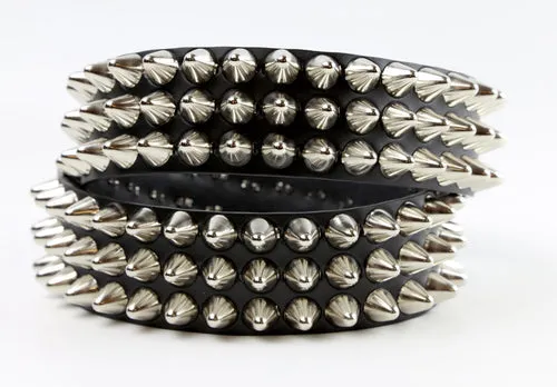 Black leather belt w/ 3 rows of silver british cone studs