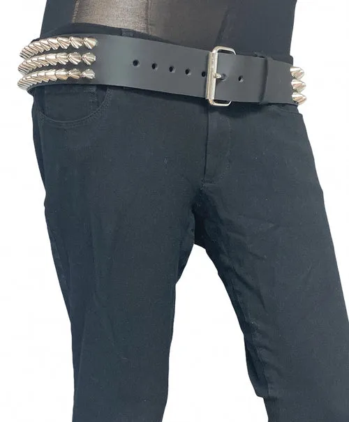 Black leather belt w/ 3 rows of silver british cone studs