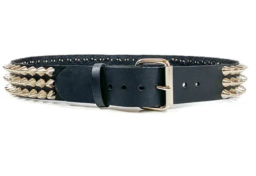 Black leather belt w/ 3 rows of silver british cone studs