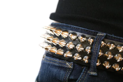 Black leather belt w/ 3 rows of silver british cone studs