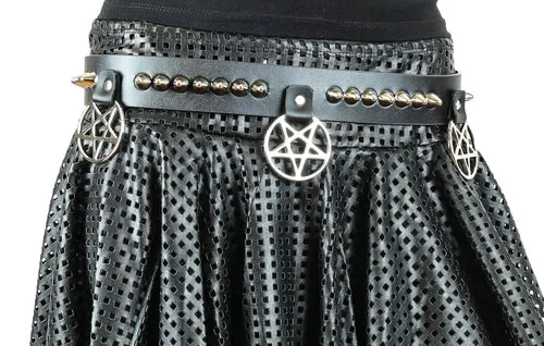 Black leather belt w/ silver cone studs and hanging pentagram details