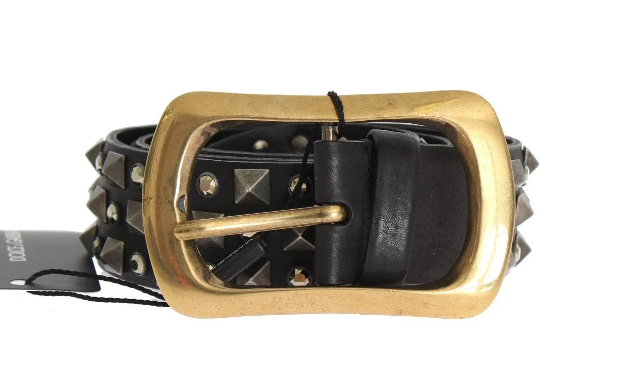 Black Leather Gold Buckle Studded Belt