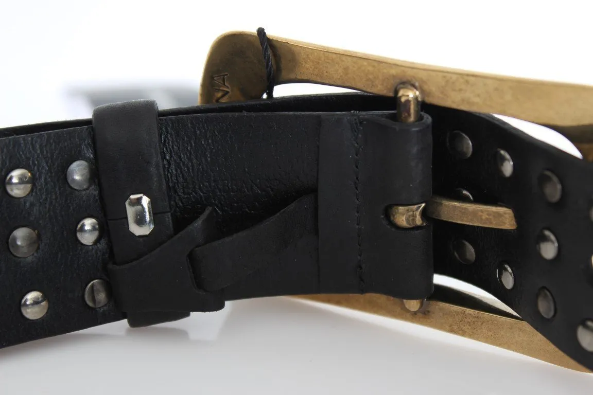 Black Leather Gold Buckle Studded Belt