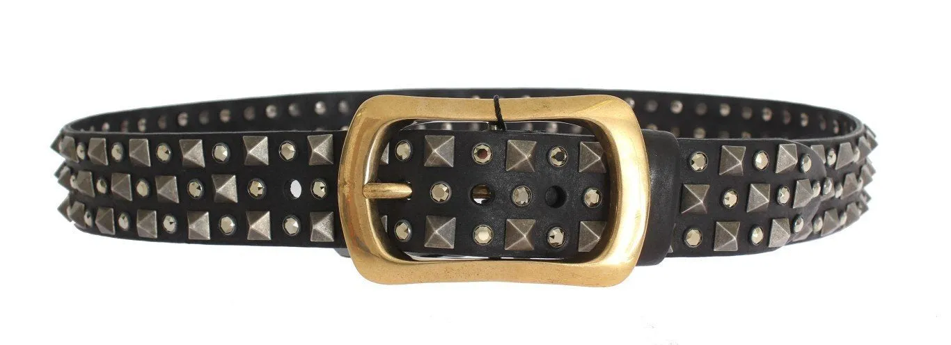 Black Leather Gold Buckle Studded Belt