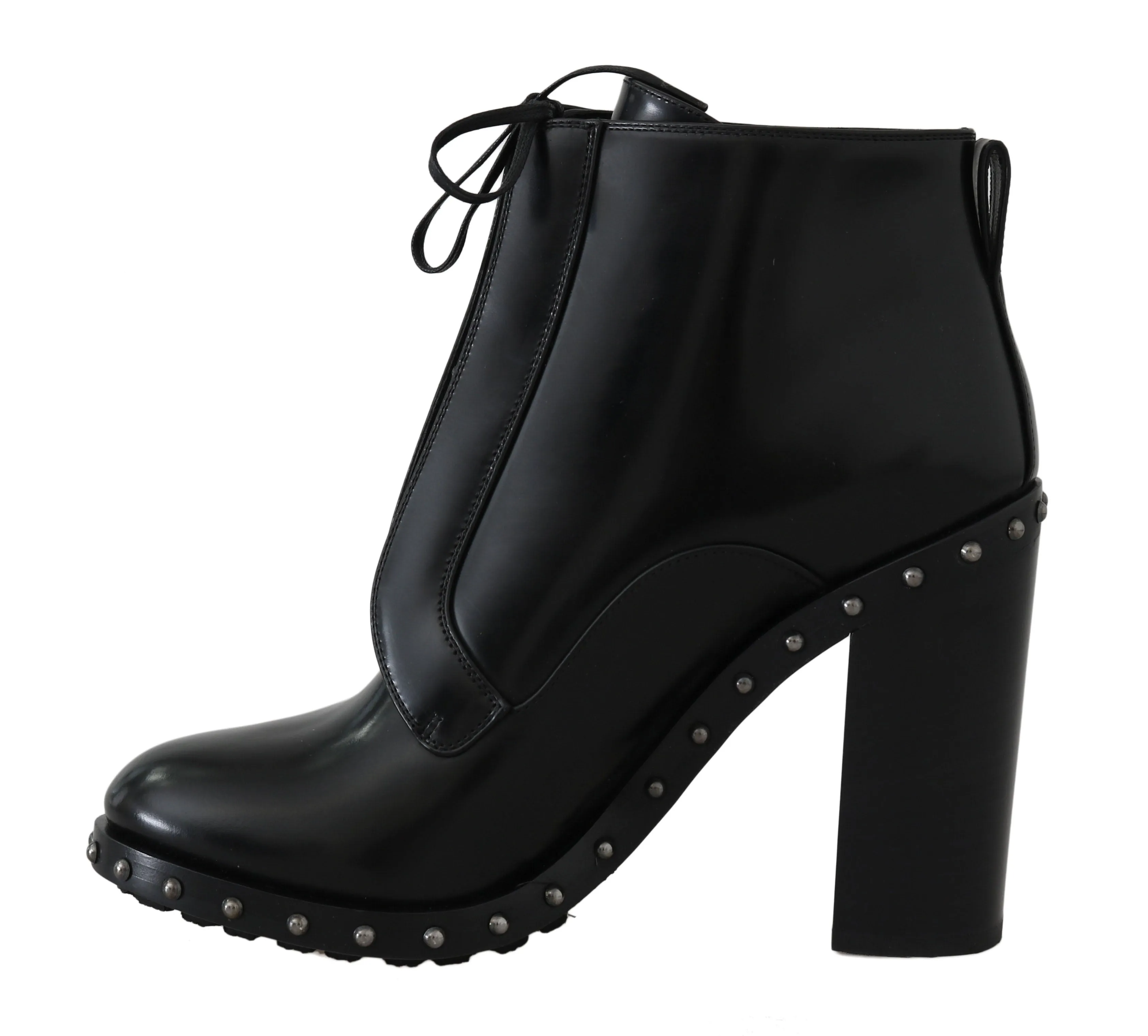Black Leather Studded Heels Booties