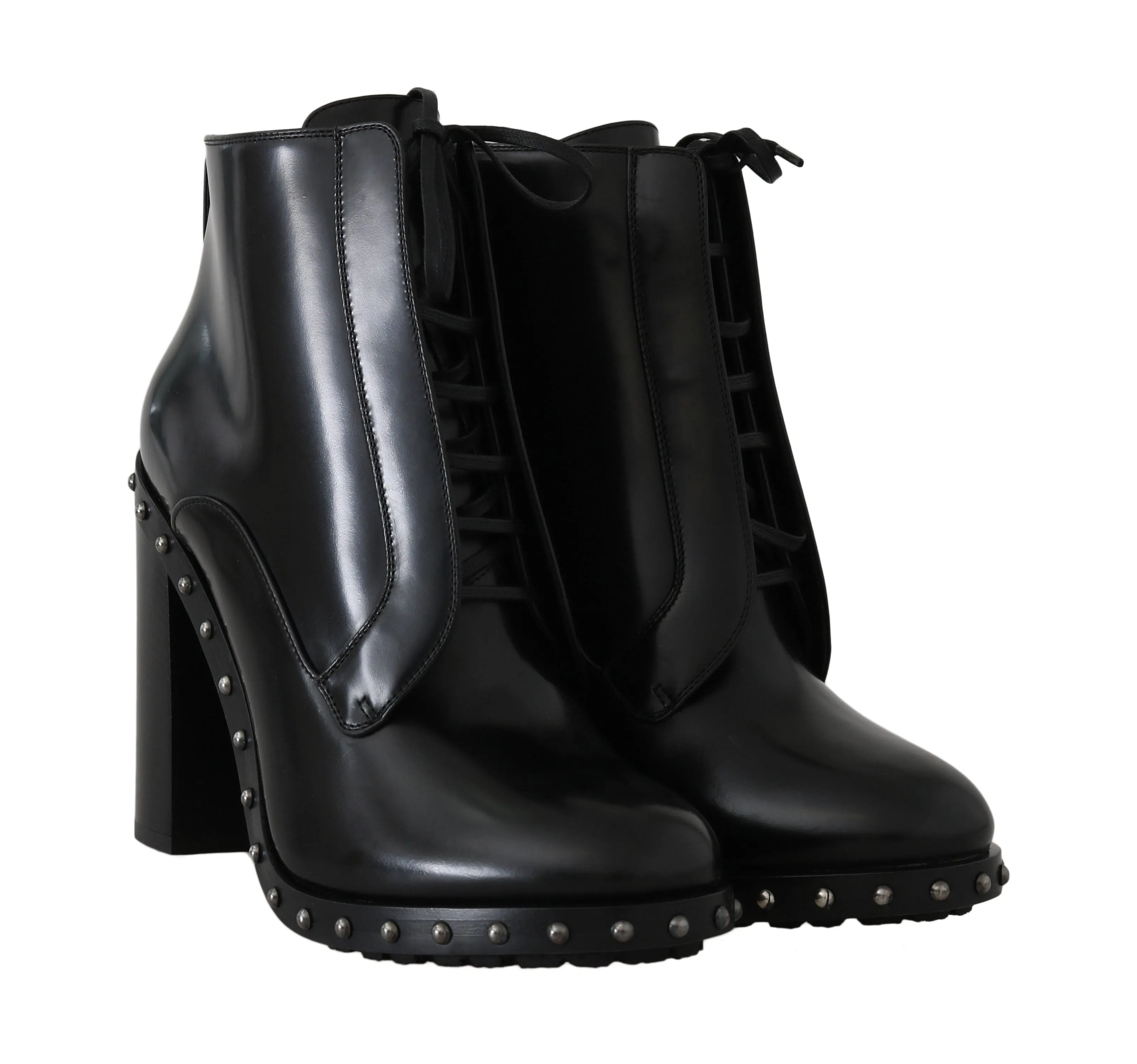 Black Leather Studded Heels Booties