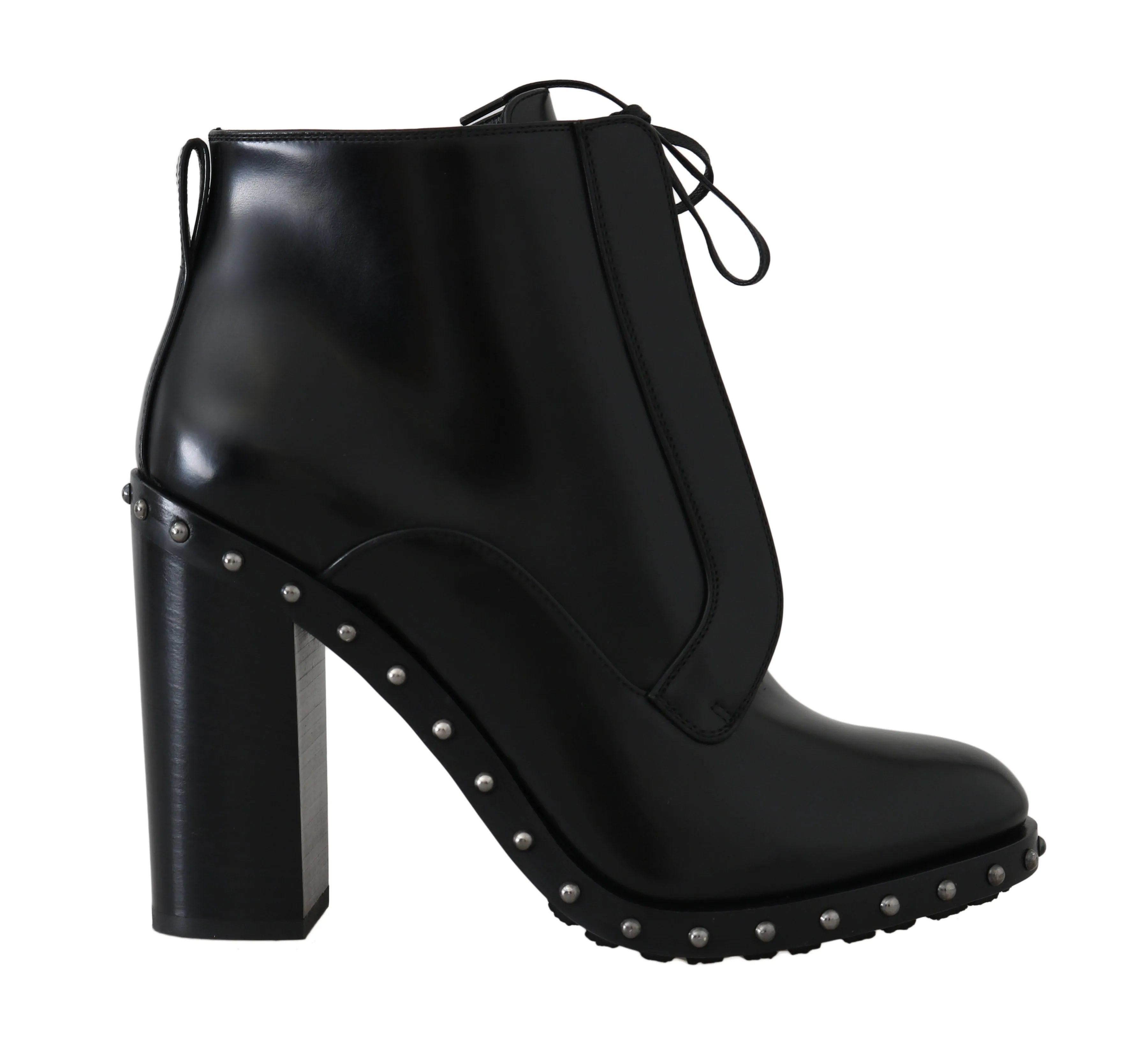 Black Leather Studded Heels Booties