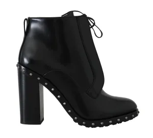 Black Leather Studded Heels Booties