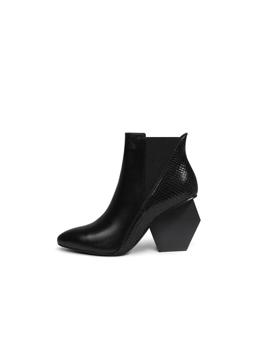 Black Texture Geometry Mid Heel Leather Chelsea Boots Ankle Boots
