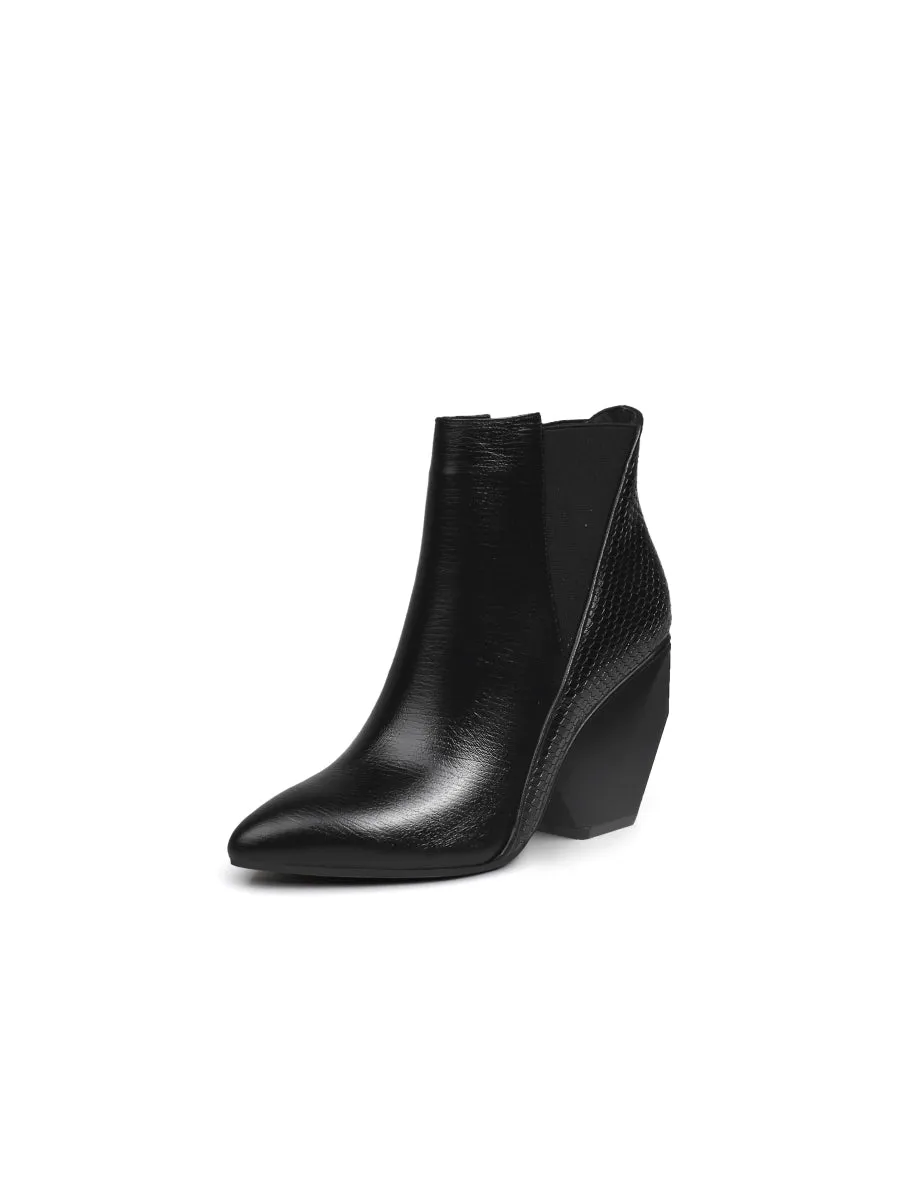 Black Texture Geometry Mid Heel Leather Chelsea Boots Ankle Boots